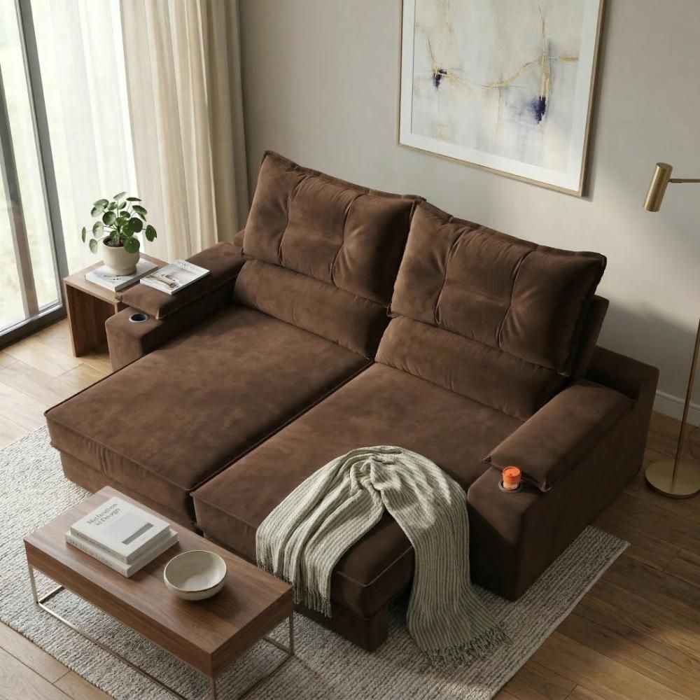 Sofá Retrátil Santiago 2 Lugares com Porta-copos USB 150CM Marrom Suede Outras Marcas