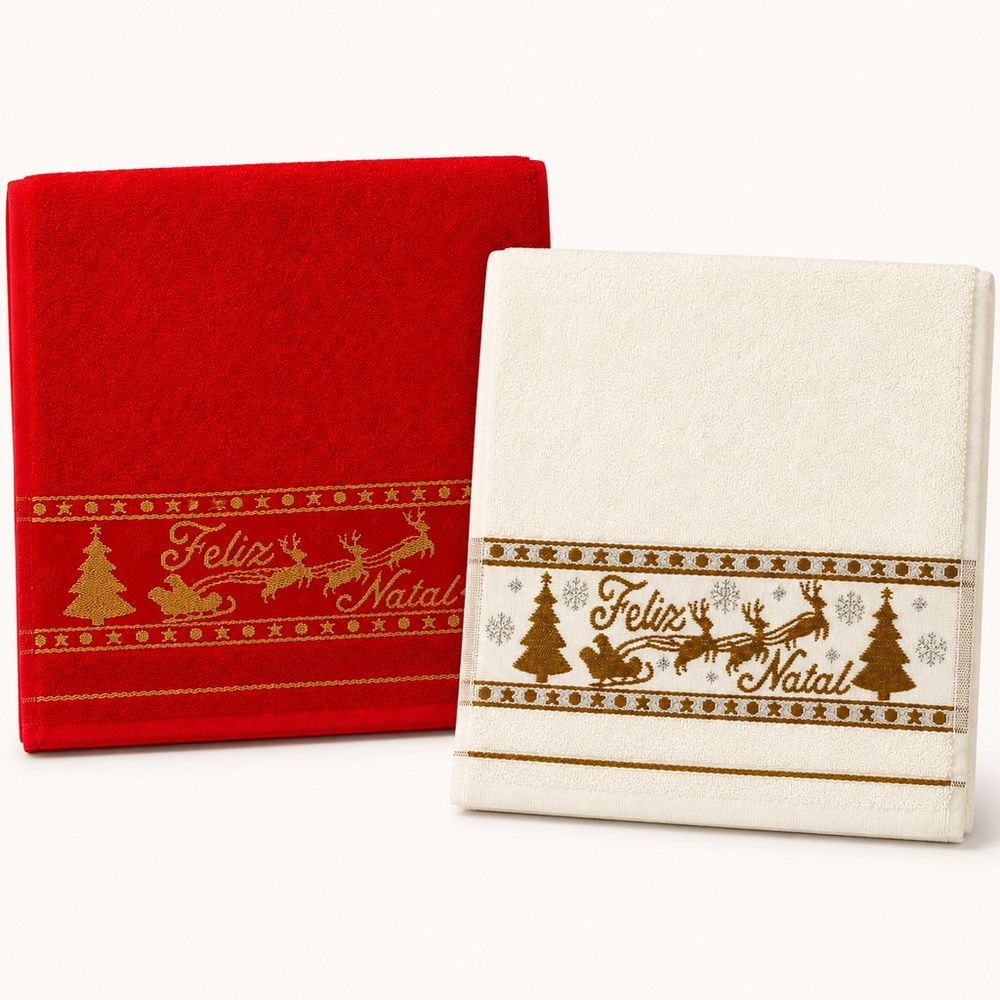 Kit 10 Toalhas de Mãos e Lavabo Natalina 30x50CM 100% Algodão 400g-m2 Macia e Absorvente Vermelho e Pérola Bene Casa