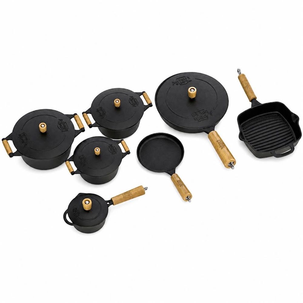 Kit Tradição Completo 7 Peças Frigideira e Caçarola Ferro Fundido com Tampa de Ferro Fundido Acabamento Cru Preto Panela