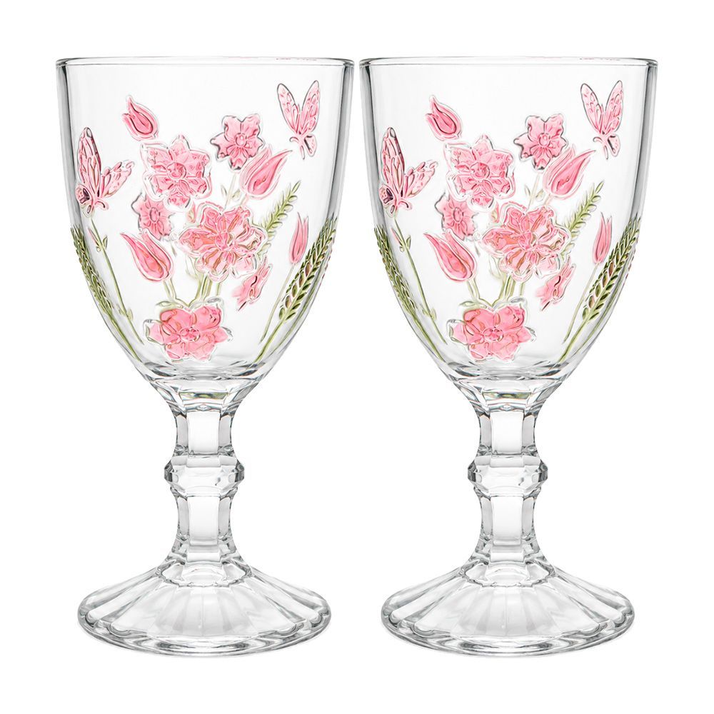 Taça Spring para Água e Vinho Vidro Decorada com Flores e Borboletas 350ML Kit com 2 Unidades Transparente Hauskraft