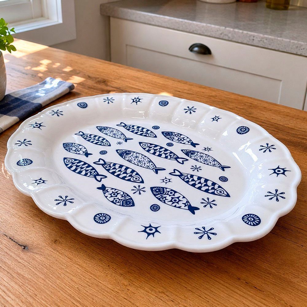 Travessa Bandeja Petisqueira Oval Peixe Oceano em Melamina Multiuso para Aperitivos e Frios Branco 40CM