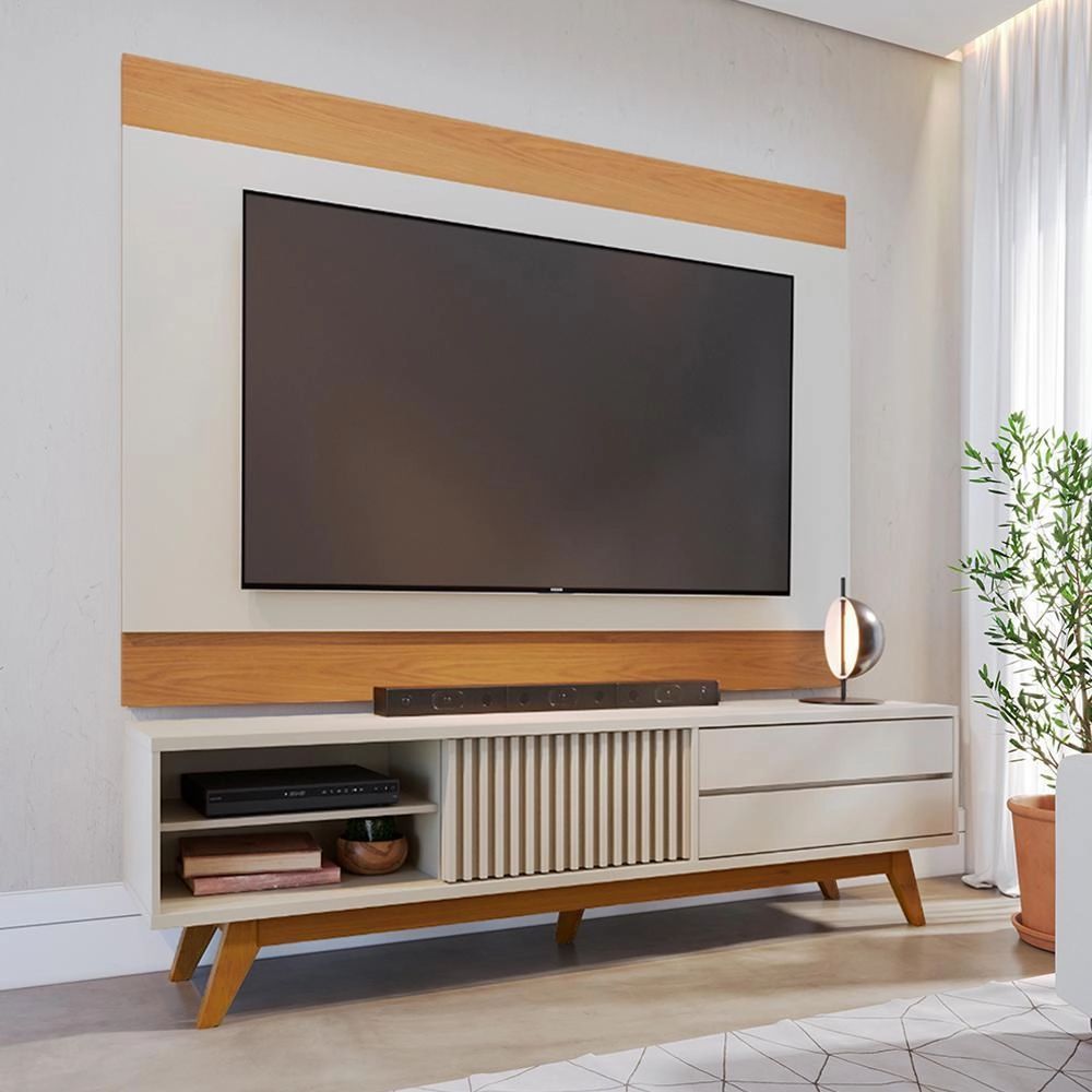 Rack Ripado com Painel para TV 75" 200CM MDP com Porta de Correr Off White Freijó Colibri Móveis