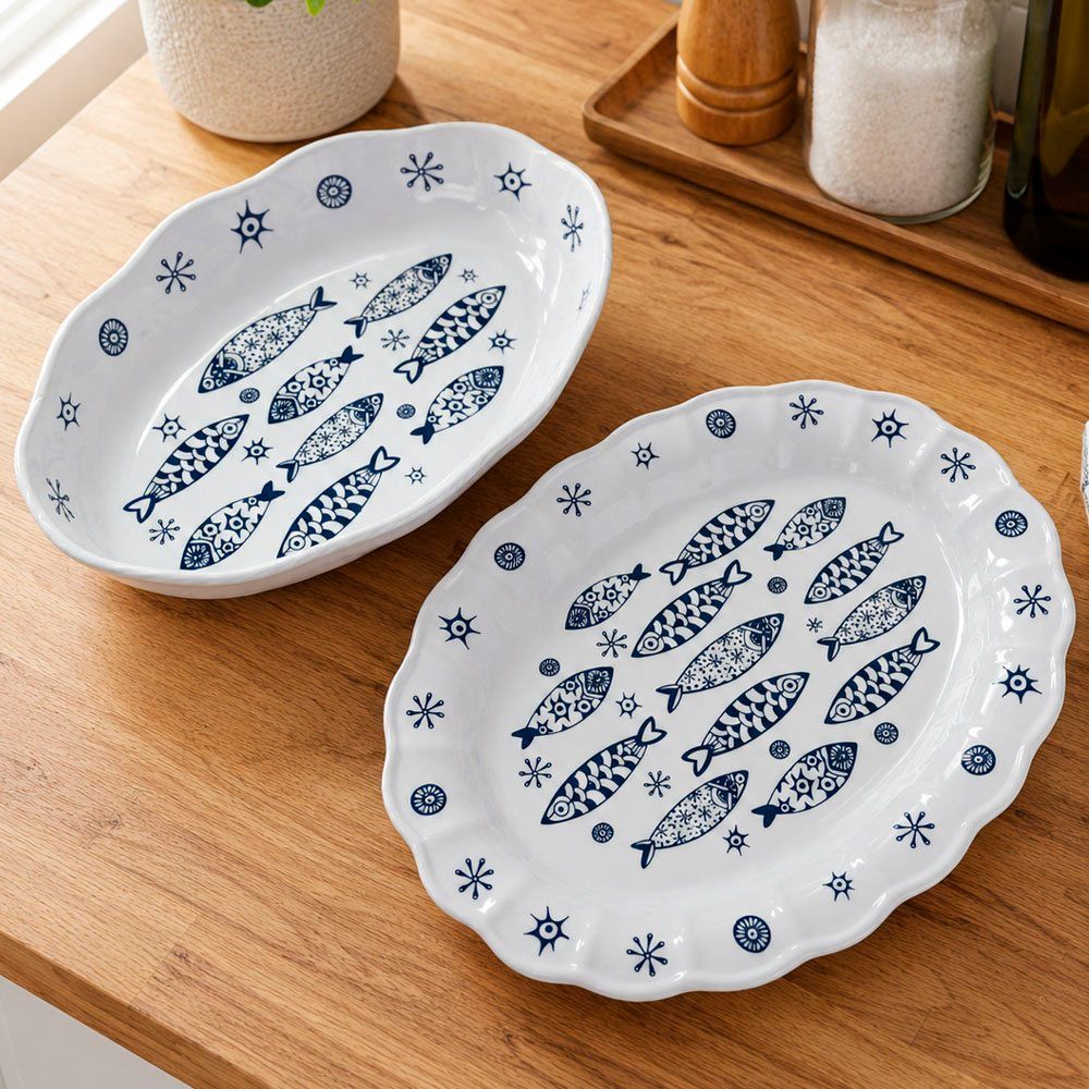 Jogo de Travessa Bandeja Petisqueira Peixe em Melamina Kit 2 Peças 3,5L Branco