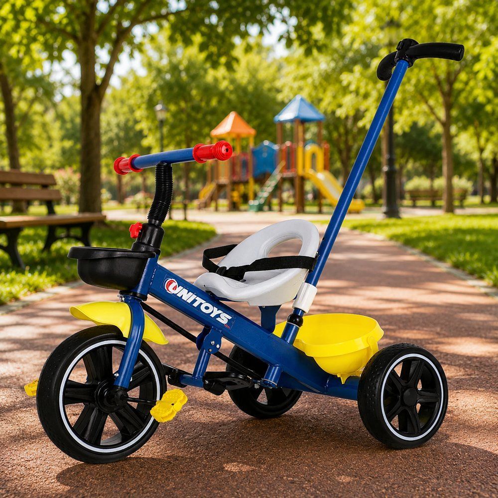 Triciclo Infantil com Cadeirinha e Empurrador Dirigível com Assento Anatômico Azul Unitoys