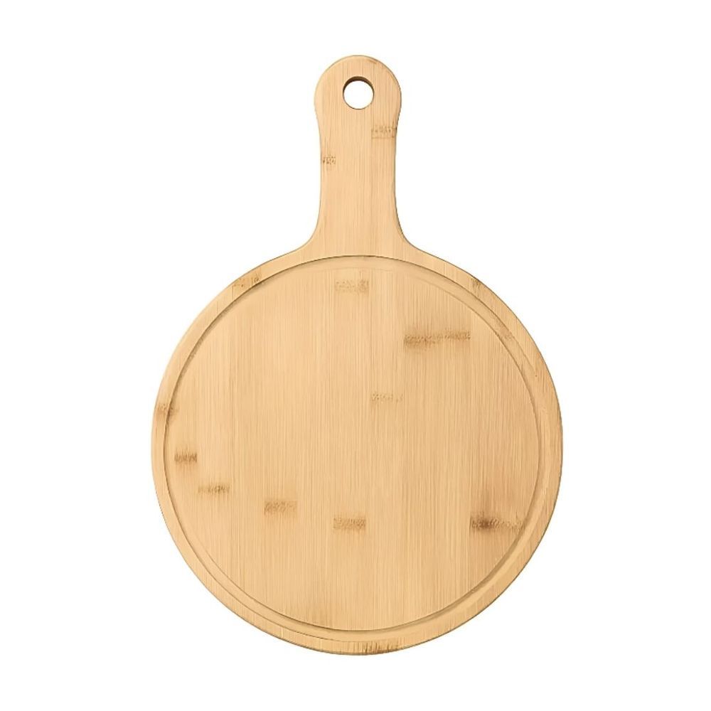 Tábua de Corte Multiuso Redonda Madeira com Cabo Ergonômico para Cortar e Servir Alimentos Marrom Claro Ke Home 28CM