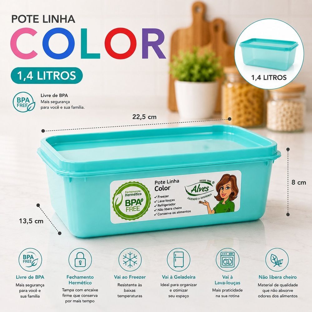 Pote Color Armazenar Alimentos Polipropileno (PP) BPA Free para Cozinha Azul Alves Plastic 1,4L
