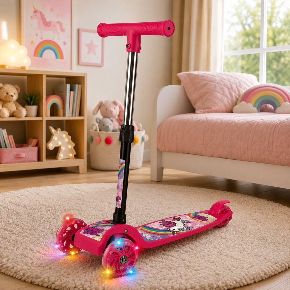 Patinete Infantil Unicórnio 3 Rodas com Luz LED e Freio Traseiro e Deck Antiderrapante e Guidão com Ajuste de Altura