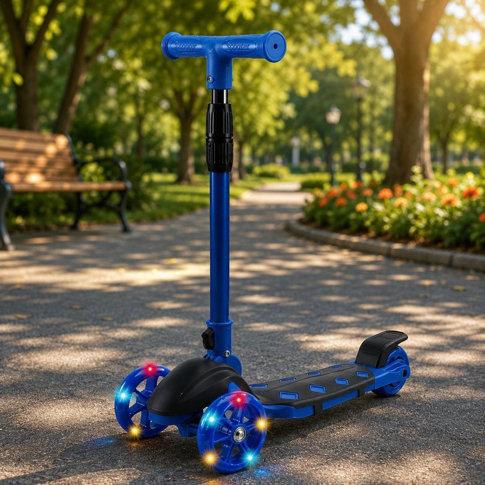 Patinete Infantil 3 Rodas com Luz LED e Freio Traseiro Azul com Ajuste de Altura