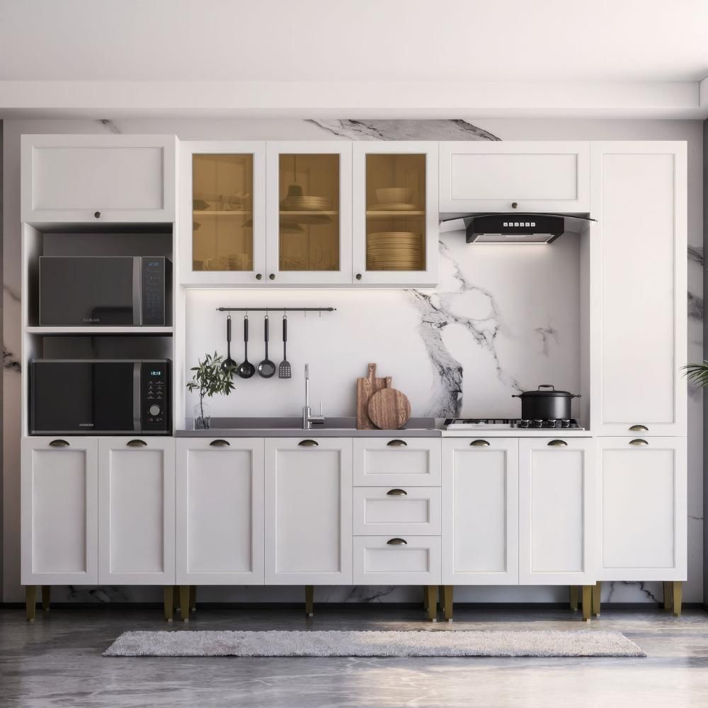 Cozinha Completa Aurora 3 Portas MDF MDP 305CM Branco Aéreo Portas Vidro Provençal