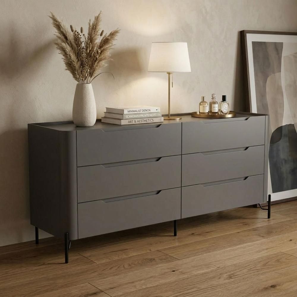Cômoda para Quarto Bend 6 Gavetas MDF sem Puxadores Grigio com Preto 178CM Casa Lar Shop