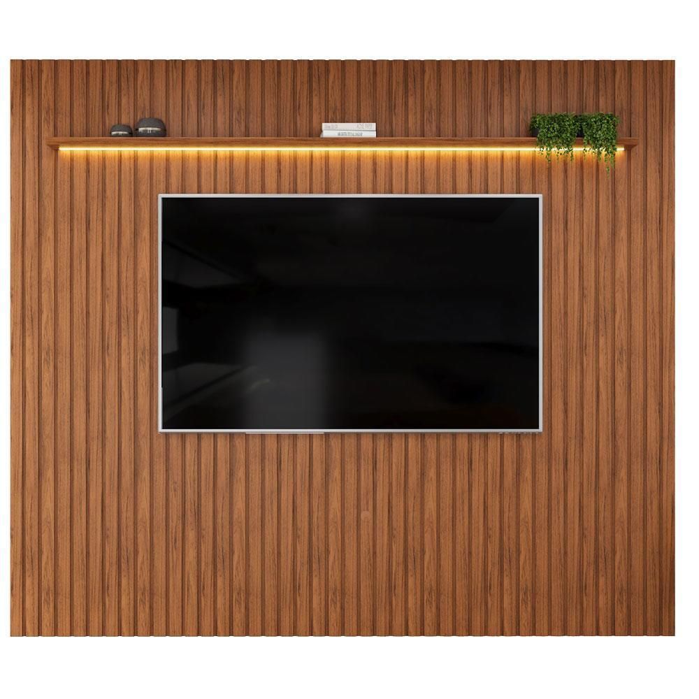 Painel para TV Trento 275 para TV 75" 275CM MDF Ripado Freijó com LED Amadeirado DJ Móveis