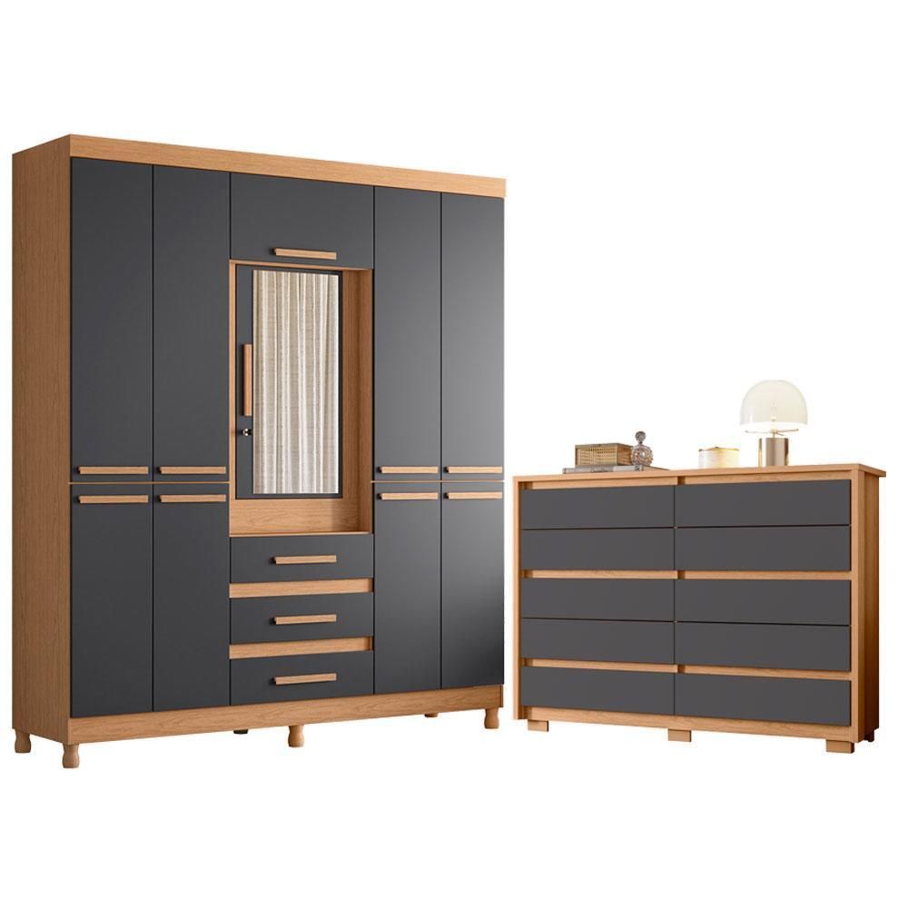 Guarda Roupa Casal e Cômoda New Fusion e Duetto 10 Portas Basculante 10 Gavetas MDF MDP Espelho Freijo Titanium Albatroz