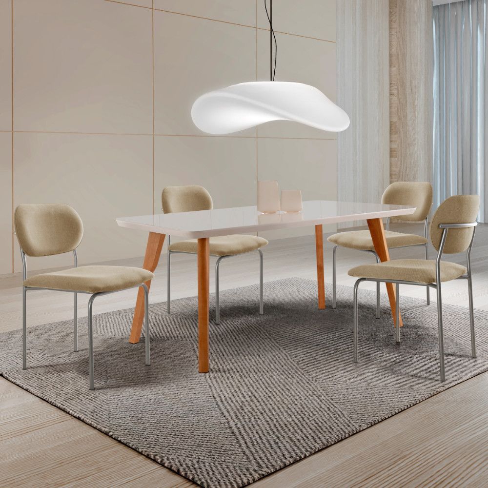 Conjunto Sala de Jantar Mesa Malta 4 Lugares Tampo Vidro com Cadeiras Marchezine Ambar Imbuia Nat Off Prata Moderna