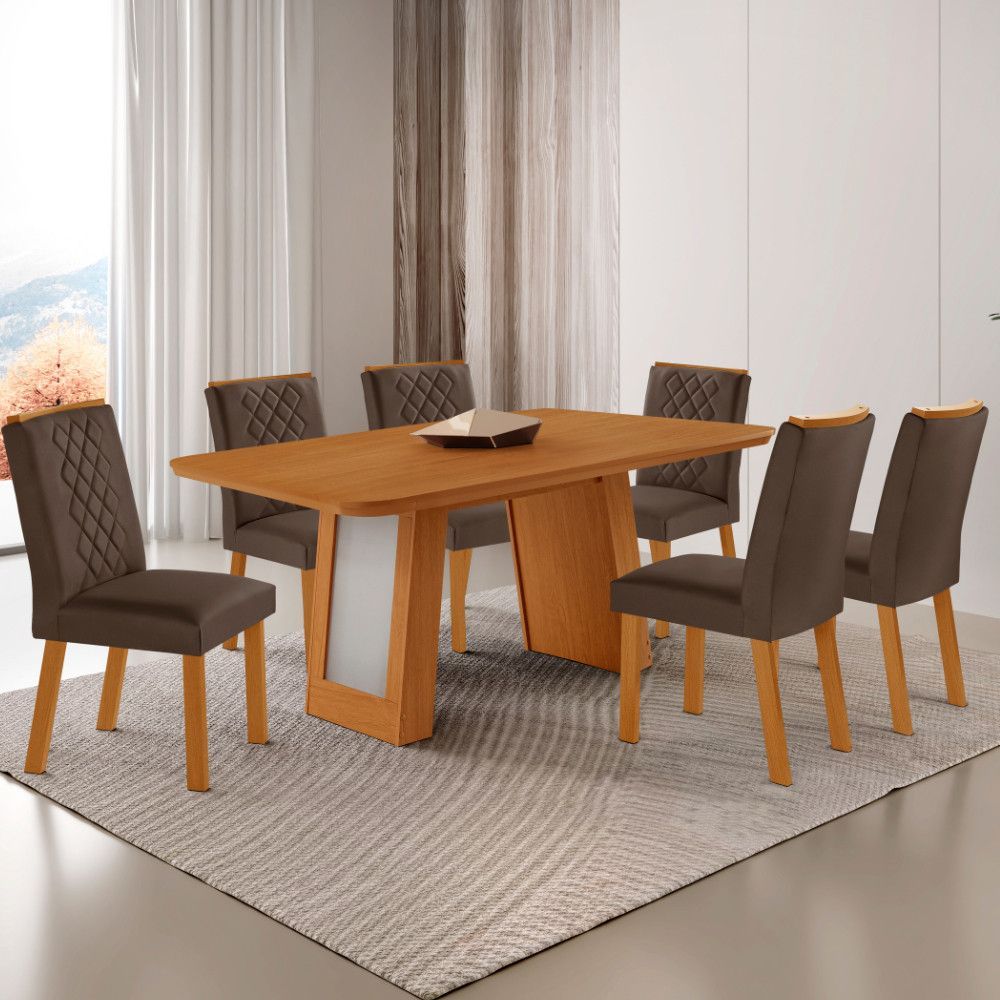 Conjunto de Jantar Carolina Laminado 6 Lugares Tampo MDF Canto Copo Base Off White Marrom Off Naturale 180CM Moderna