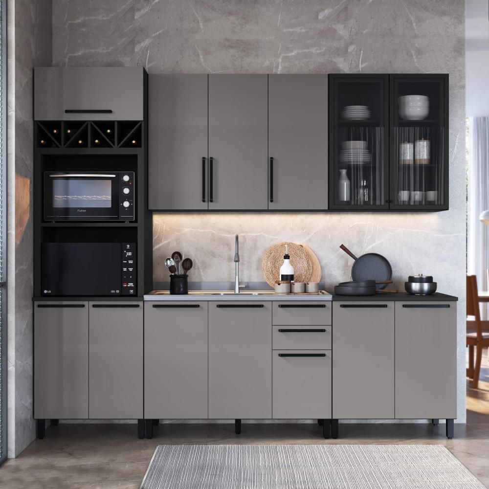 Cozinha Completa Modulada Mônaco 12 Portas 3 Gavetas MDF-MDP 270CM Chumbo-titânio Fidelita Móveis