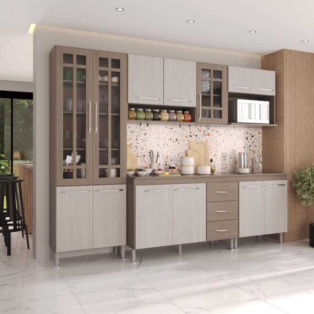 Armário de Cozinha Modulada Completa Paris 13 Portas 3 Gavetas MDF-MDP 260CM Nogal-salinas Fidelita Móveis