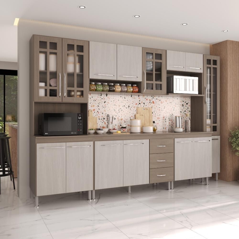 Armário de Cozinha Modulada Completa Paris 15 Portas 3 Gavetas MDF-MDP 295cm Nogal-Salinas Fidelita Móveis