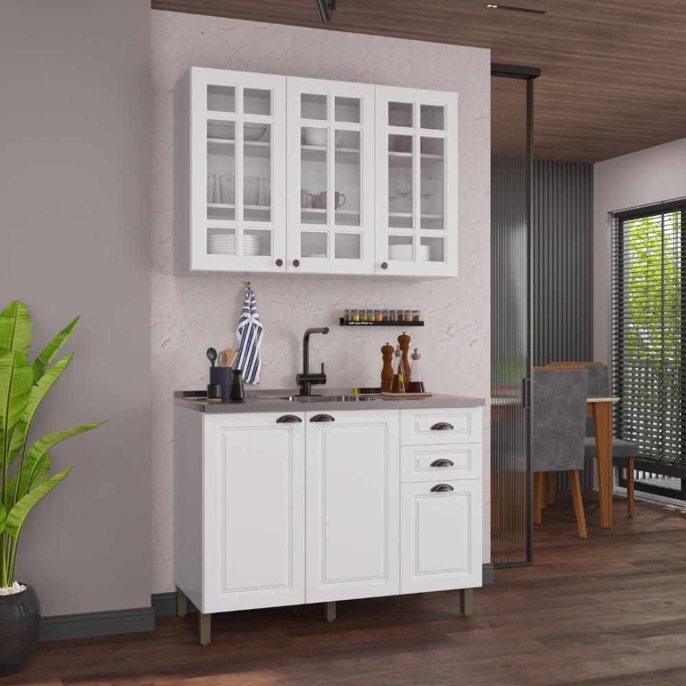 Armário de Cozinha Modulada Compacta Nara 6 Portas 2 Gavetas MDF 120CM Branco 2 Peças Fidelita Móveis