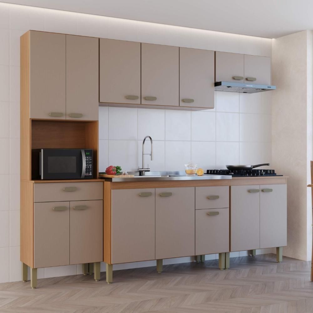 Cozinha Completa Modulada Mariana 14 Portas 2 Gavetas MDF-MDP 250CM Freijó-Camurça Fidelita Móveis