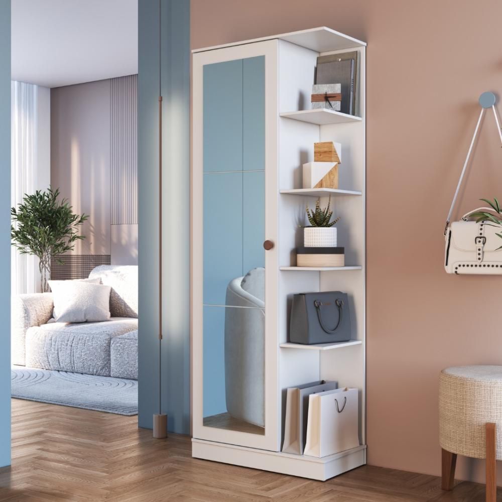 Sapateira Paris 1 Porta 5 Prateleiras 68CM MDF MDP Branco com Espelho Fidelita Móveis