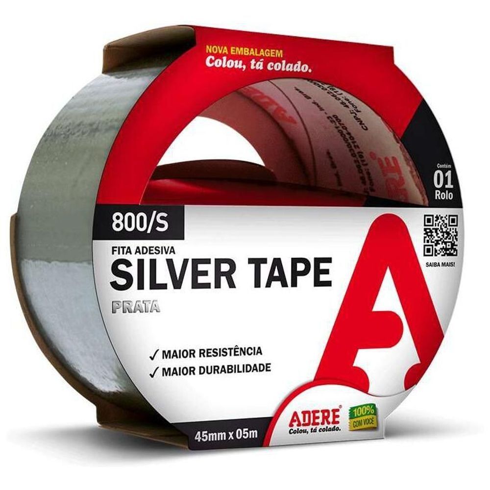 Fita Silver Tape Adere Prata Reforçada Filme de Polietileno Laminado com Tecido de Algodão 45MM X 5M 800S Blister