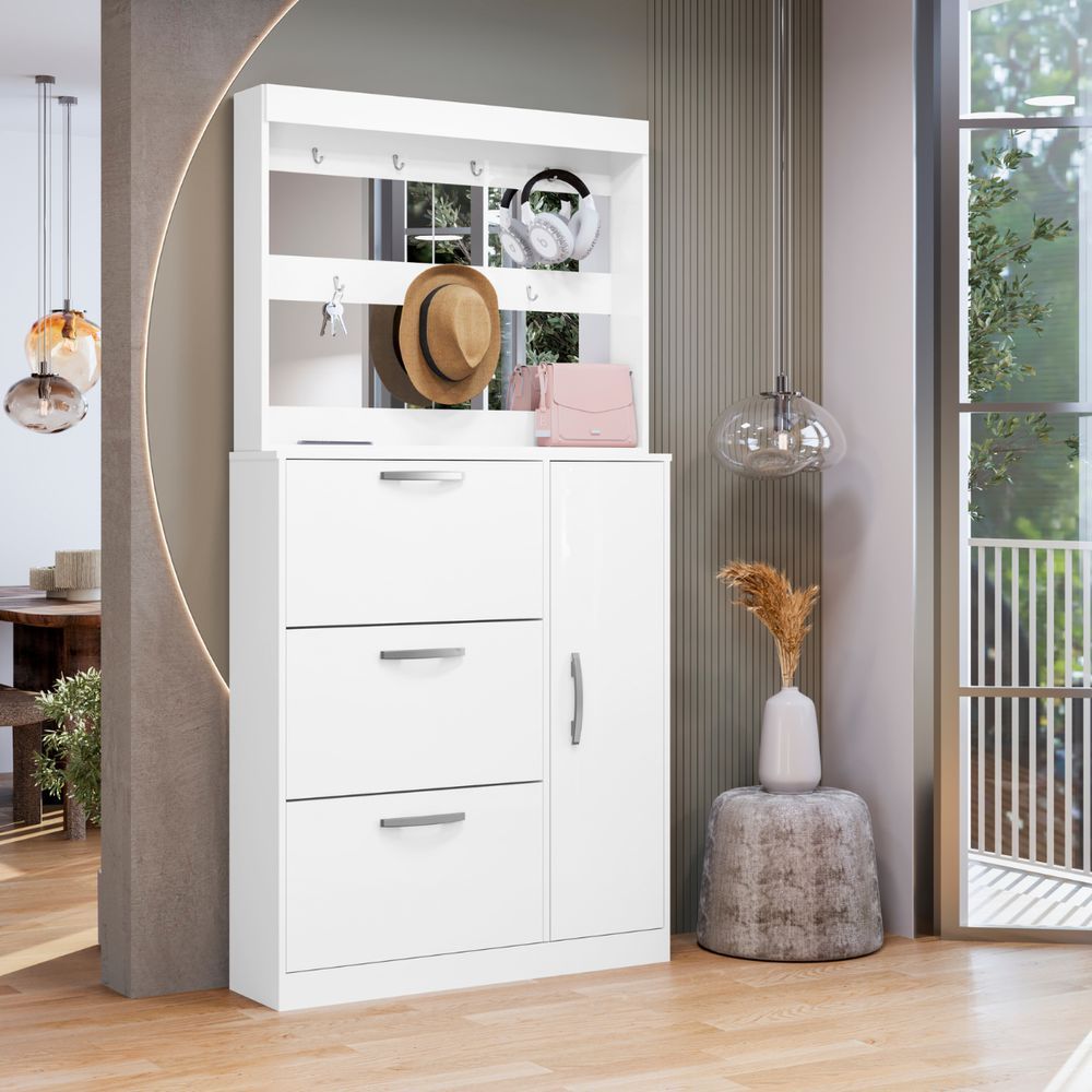 Sapateira e Modulo de Espelho Busan 4 Portas 1 Prateleira 100CM MDP Branco Framar