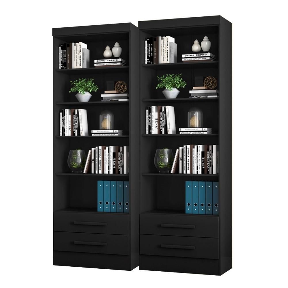 Kit 02 Livreiros Lakewood 5 Prateleiras 5 Nichos MDP Preto Fosco Qmovi