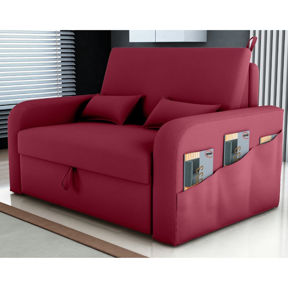 Sofá Cama Lívia 2 Lugares 140CM Vinho Veludo Baú Abertura Frontal Matrix