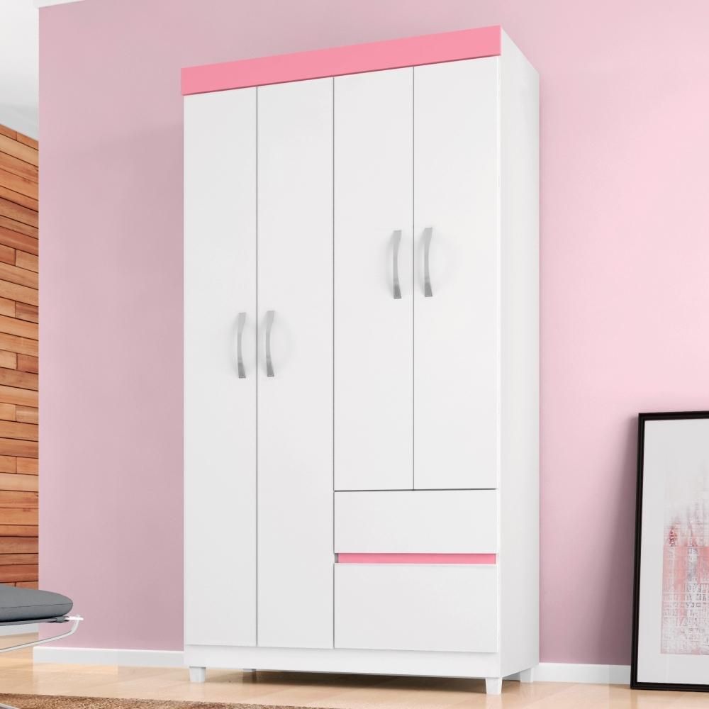 Guarda Roupa Solteiro Vicenza 4 Portas de Bater 2 Gavetas MDP Branco-Rosa Demóbile