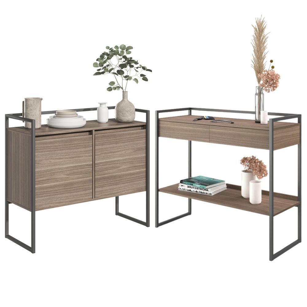 Conjunto de Buffet e Aparador Bella Vista Industrial 2 Portas 1 Gaveta MDP Marrom Affara Plata Móveis
