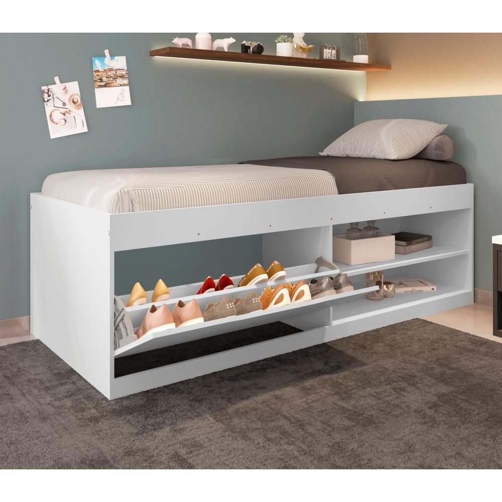Cama Box com Colchão Solteiro Cama Box Yara com Colchão Branco Branco Framar