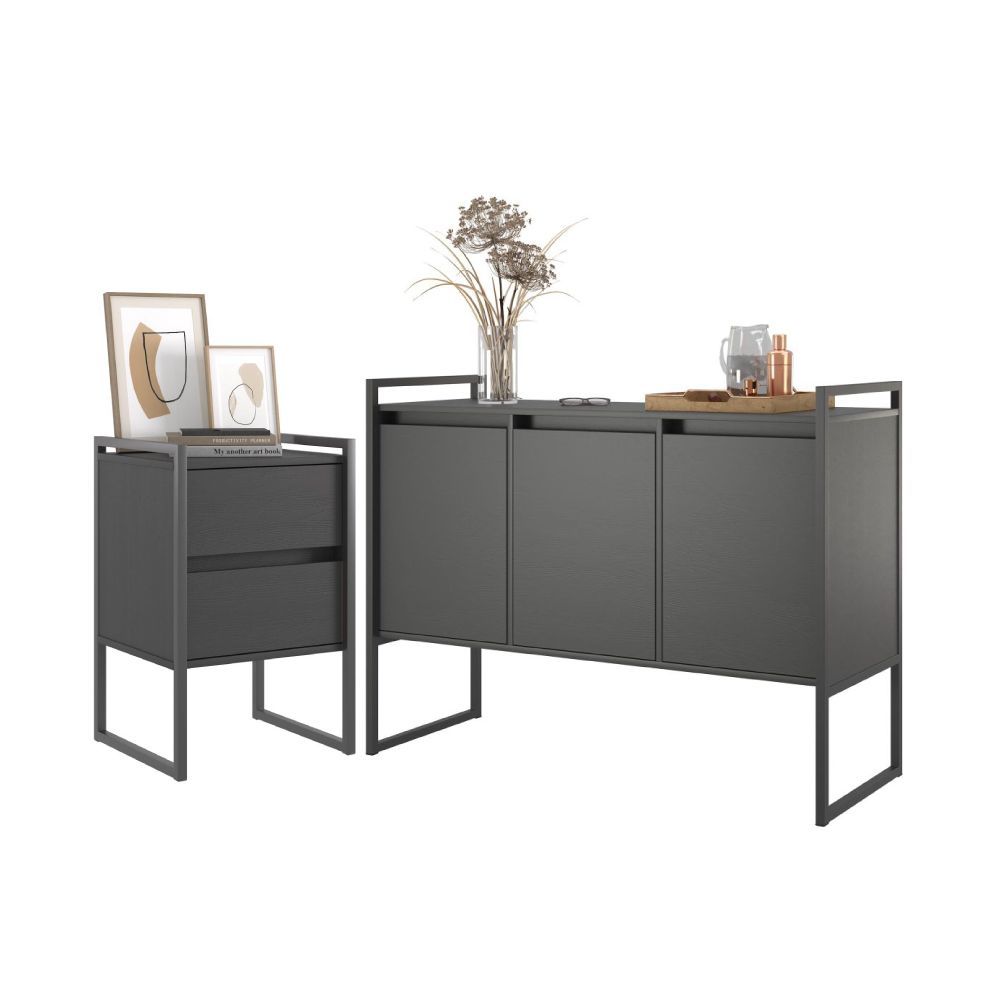 Conjunto de Buffet e Gaveteiro Conjunto de Escritório Industrial 3 Portas 2 Gavetas MDP Preto Onix Plata Móveis