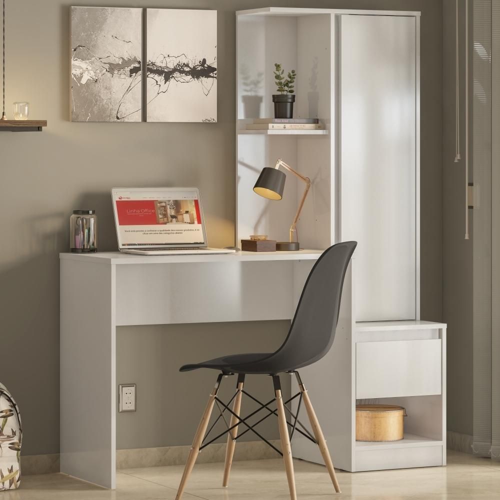 Escrivaninha com Estante Nexus Lewis Moderno 1 Gaveta MDP 126CM Branco Demóbile