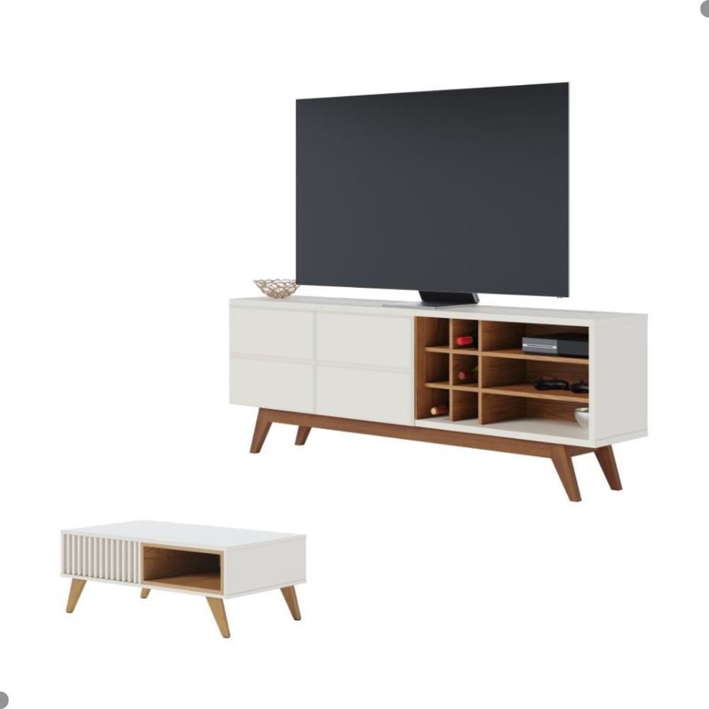 Conjunto de Rack e Mesa de Centro Isabel para TV 70 Polegadas MDF MDP Porta Garrafas Off-White Freijo Colibri Móveis