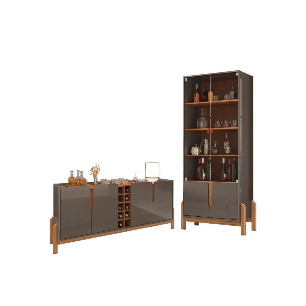 Conjunto Aster Jogo Cristaleira Buffet 1.9 Bia Cinza Perola Cedro Sala de Jantar Casa D Móveis