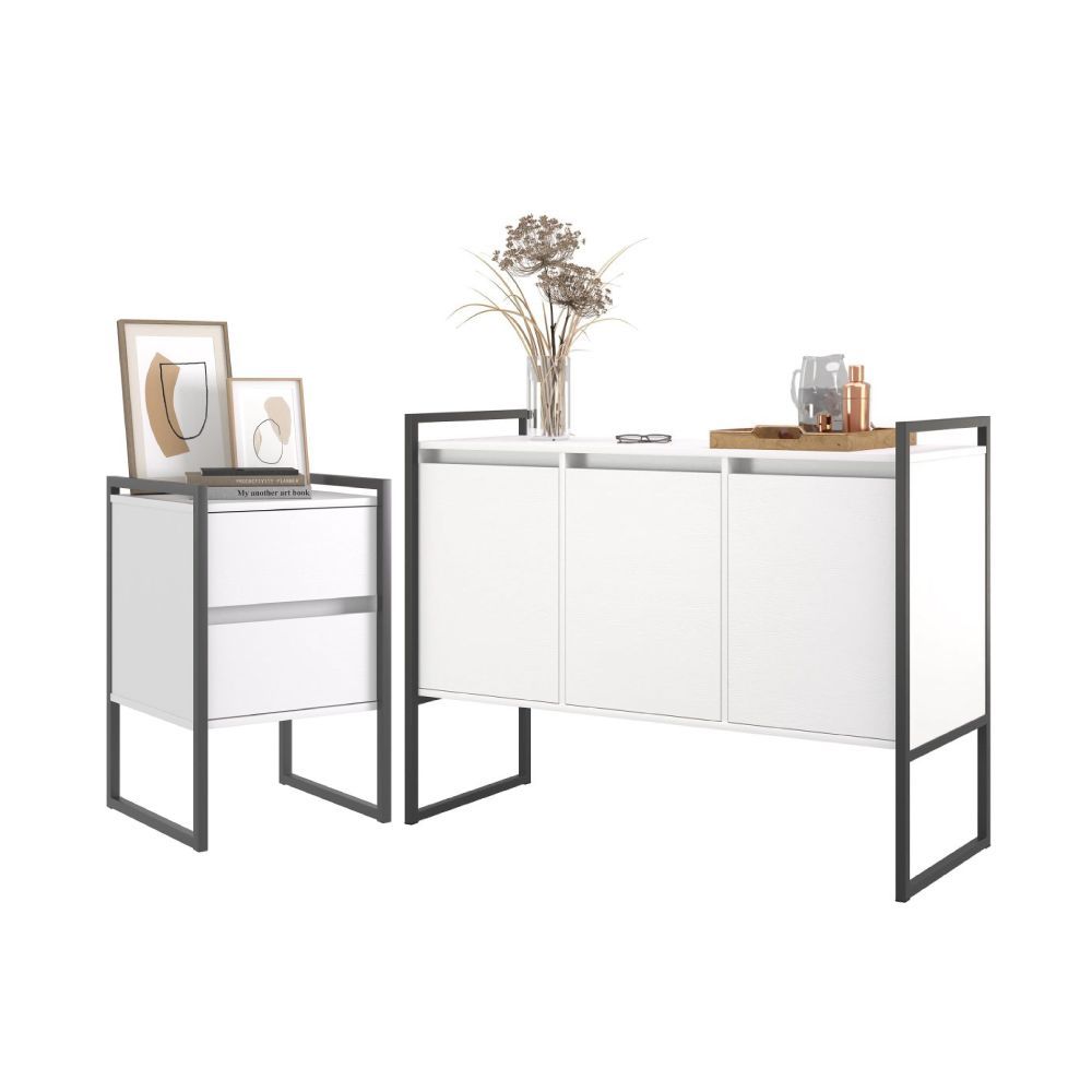 Conjunto de Buffet e Gaveteiro Brisa da Riviera Industrial 3 Portas 2 Gavetas MDP 120CM Branco Plata Móveis