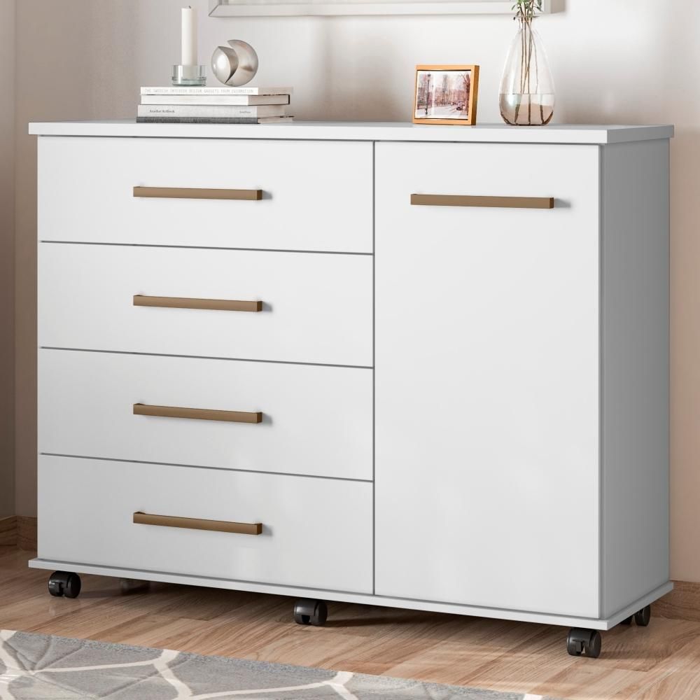 Cômoda Renoir 1 Porta 4 Gavetas MDP com Rodízios Branco Demóbile