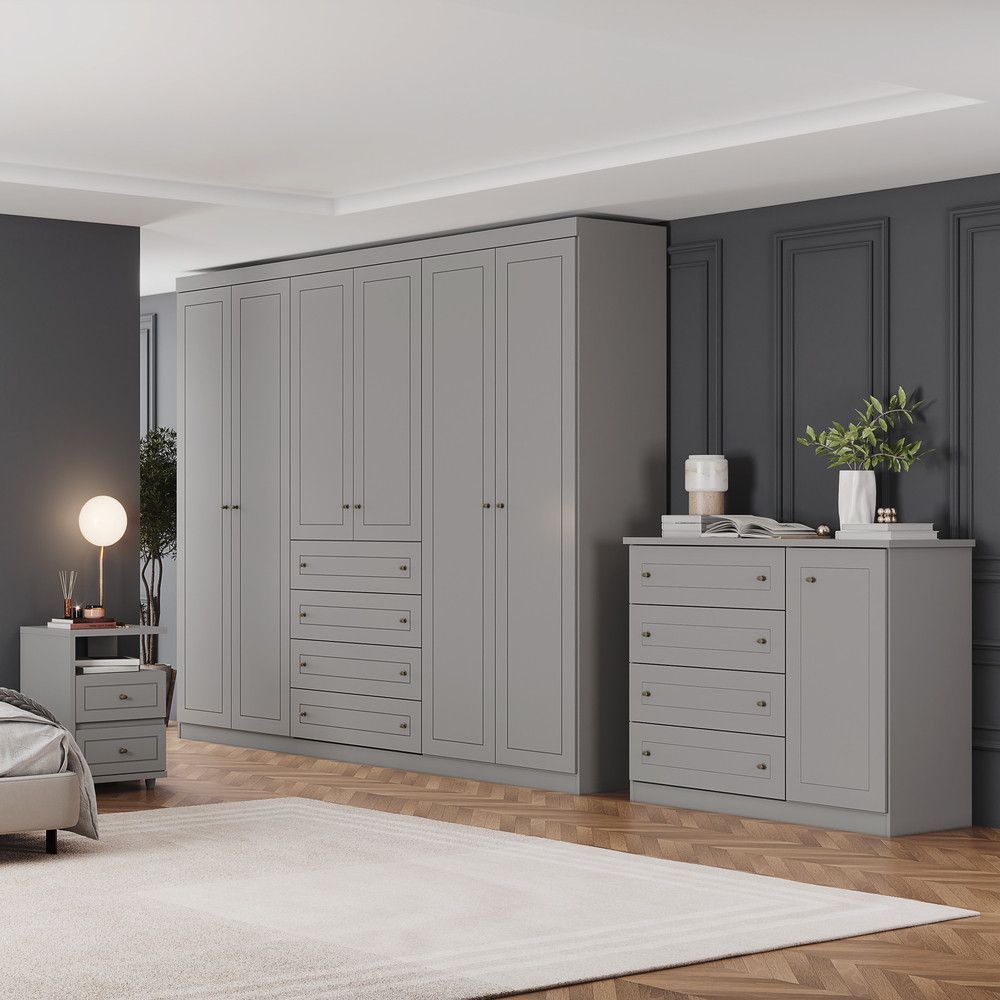 Quarto Casal com Guarda Roupa Comoda Mesas de Cabeceira Amy 7 Portas 12 Gavetas MDF-MDP Cinza Casa 812