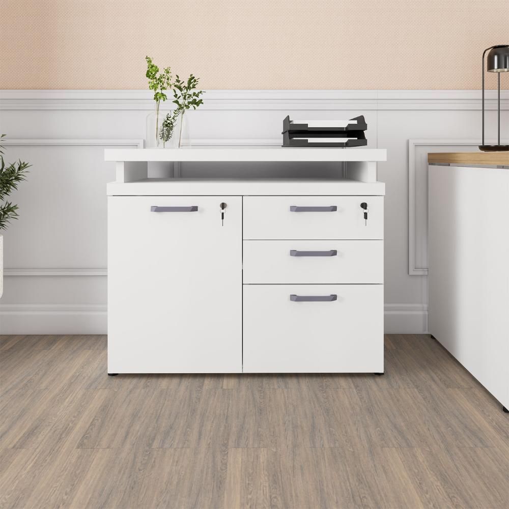Armário Escritório F5 Office 1 Porta 3 Gavetas 1 Prateleira MDP 90CM Branco F5 Office