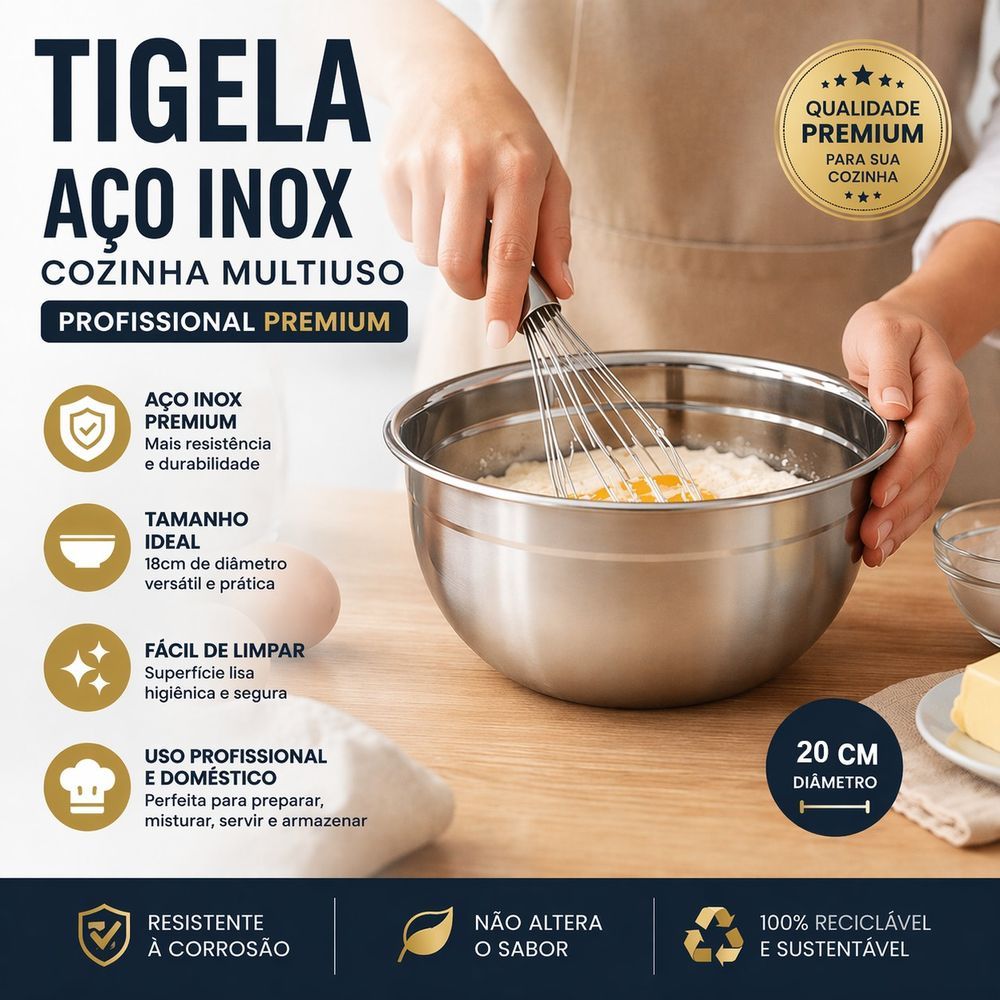 Tigela Inox Bowl 20cm Multiuso Profissional Inox Resistente Duravel Facil Limpeza Cozinha 2,6L Inox