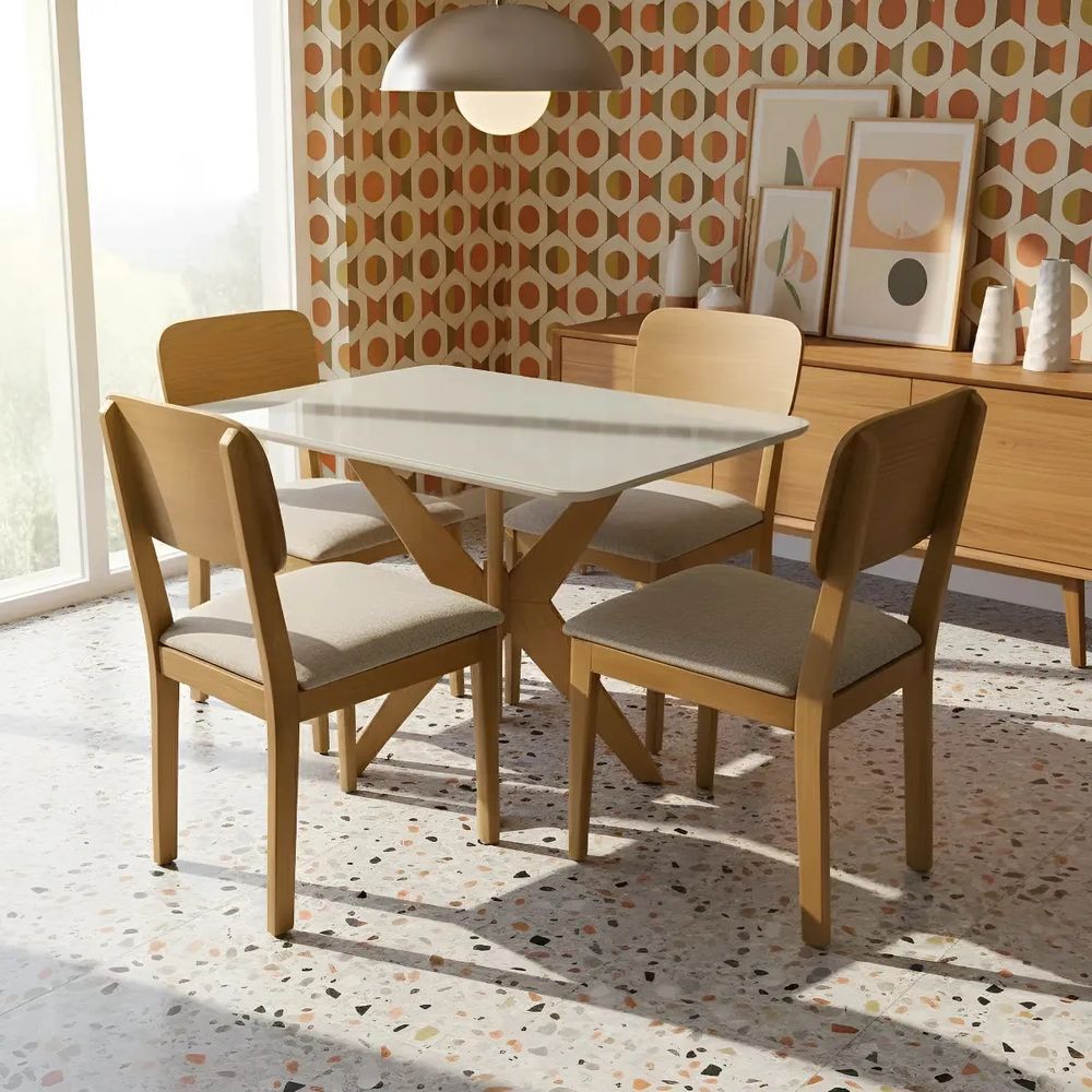 Mesa de Jantar Pandora 4 Lugares Retangular Tampo MDF com Vidro 100x70CM Off White Amadeirado Decoraper