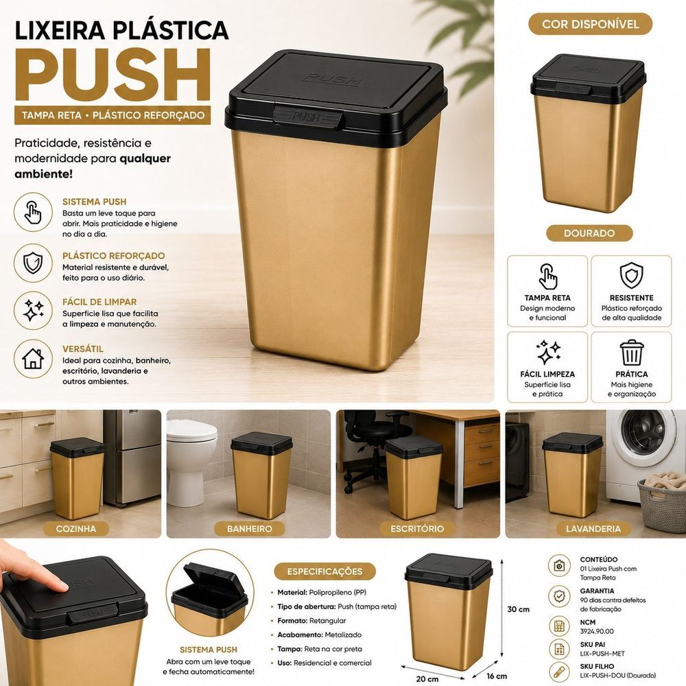 Lixeira Plástica Push Tampa Basculante Reforçada Metalizada Multiuso Dourado Polipropileno Importada
