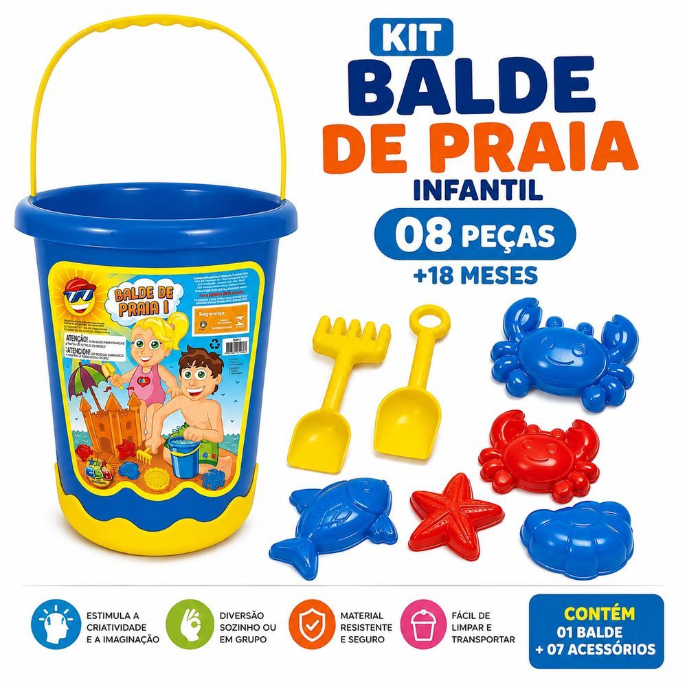 Kit Balde de Praia Infantil com Acessórios para Areia +18 Meses Azul 8 Peças Plástico Leve e Resistente