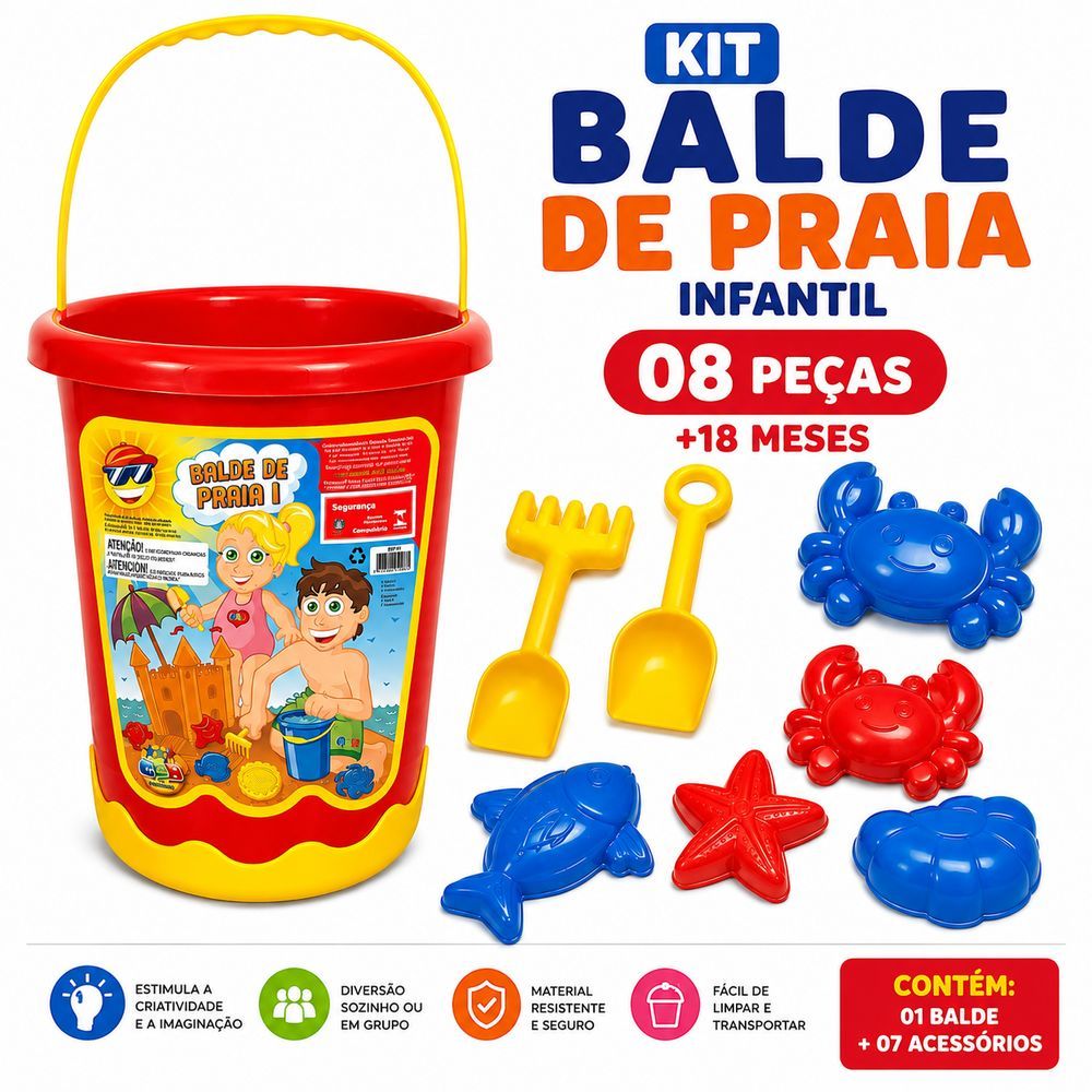 Kit Balde de Praia Infantil com Acessórios para Areia +18 Meses Vermelho 8 Peças para Brincar