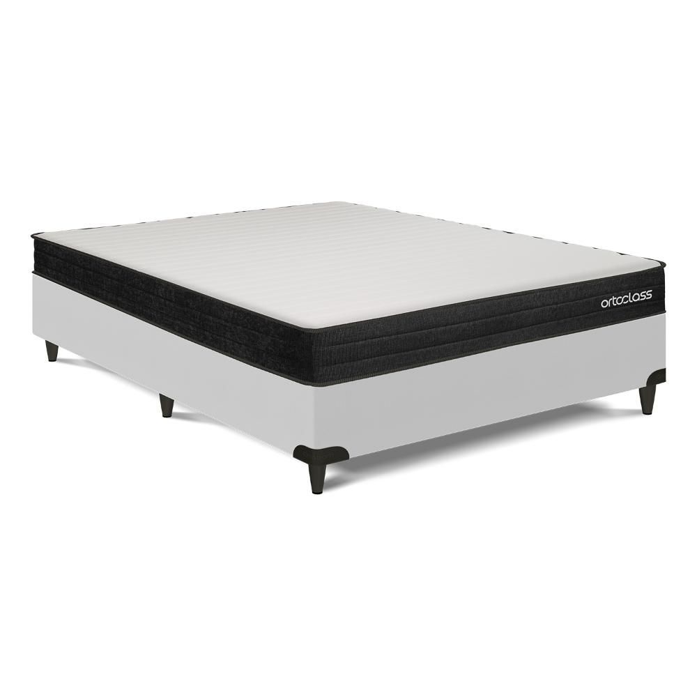 Cama Box com Colchão Casal Poli D45 Ortoclass Espuma Malha Lacê Linho Cinza Courino Branco Ortobom