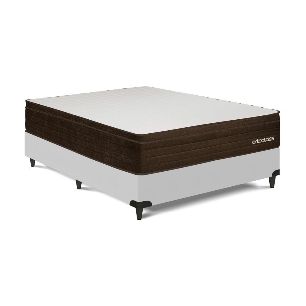 Cama Box com Colchão Viúva Poli Ortopillow D28 Espuma Malha Lacê Linho Marrom Branco Ortobom