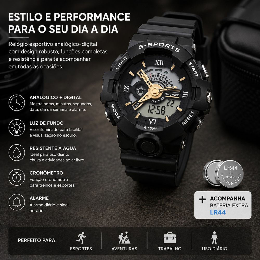 Relógio Esportivo Masculino B-Sports Analógico e Digital Pulseira Silicone Led Preto Tudo em Caixa