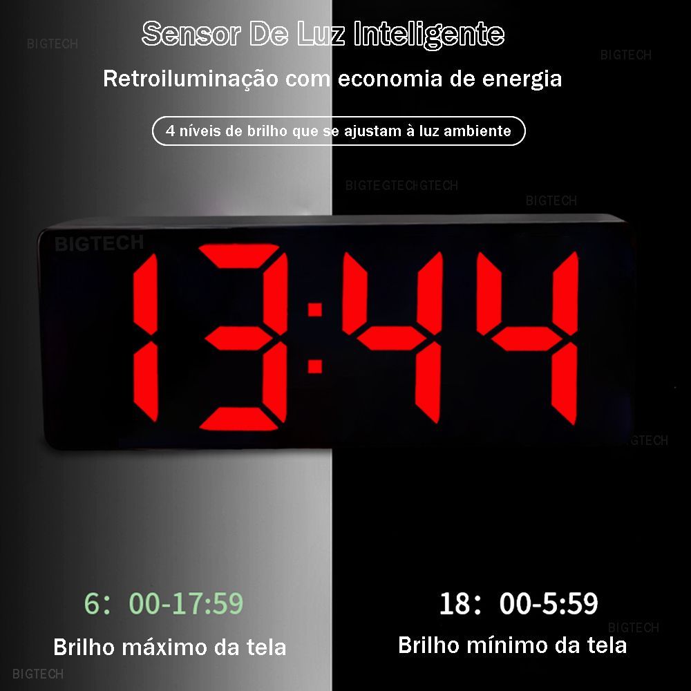 Relógio Digital de Mesa Tudo em Caixa Relógio de Mesa Sensor de Luz Ajuste Automático de Brilho Alarme Visor LED Preto