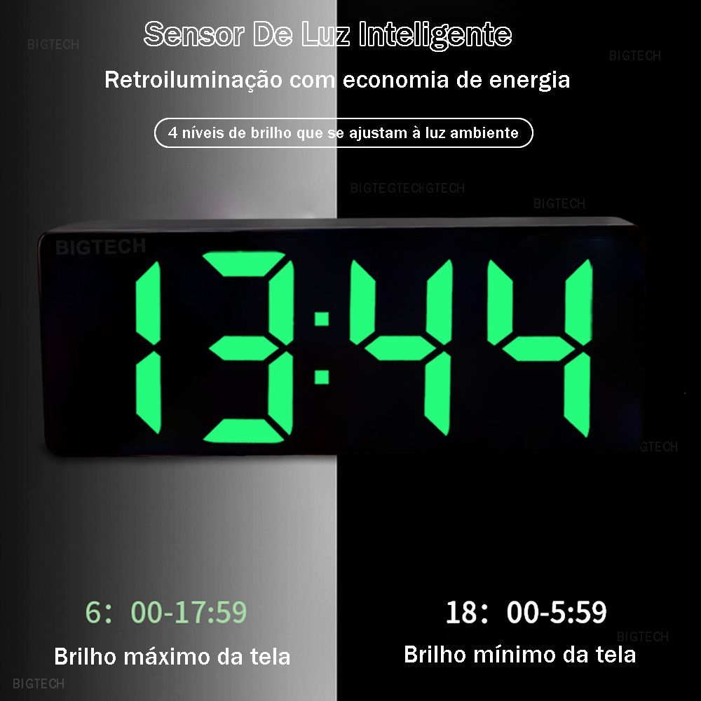 Relógio Digital de Parede e Mesa Display LED Grande Sensor de Luz Inteligente Iluminação Verde Tudo em Caixa